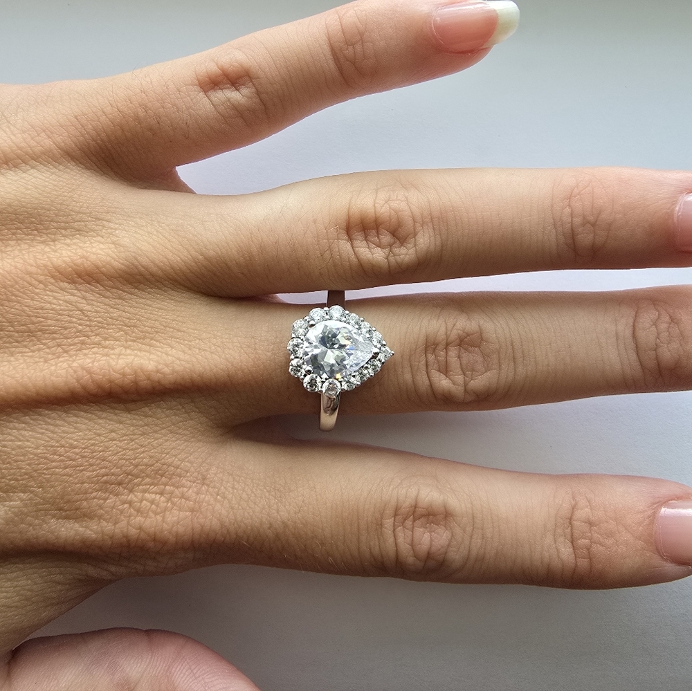 Platinum Over Sterling Silver Pear Halo Ring